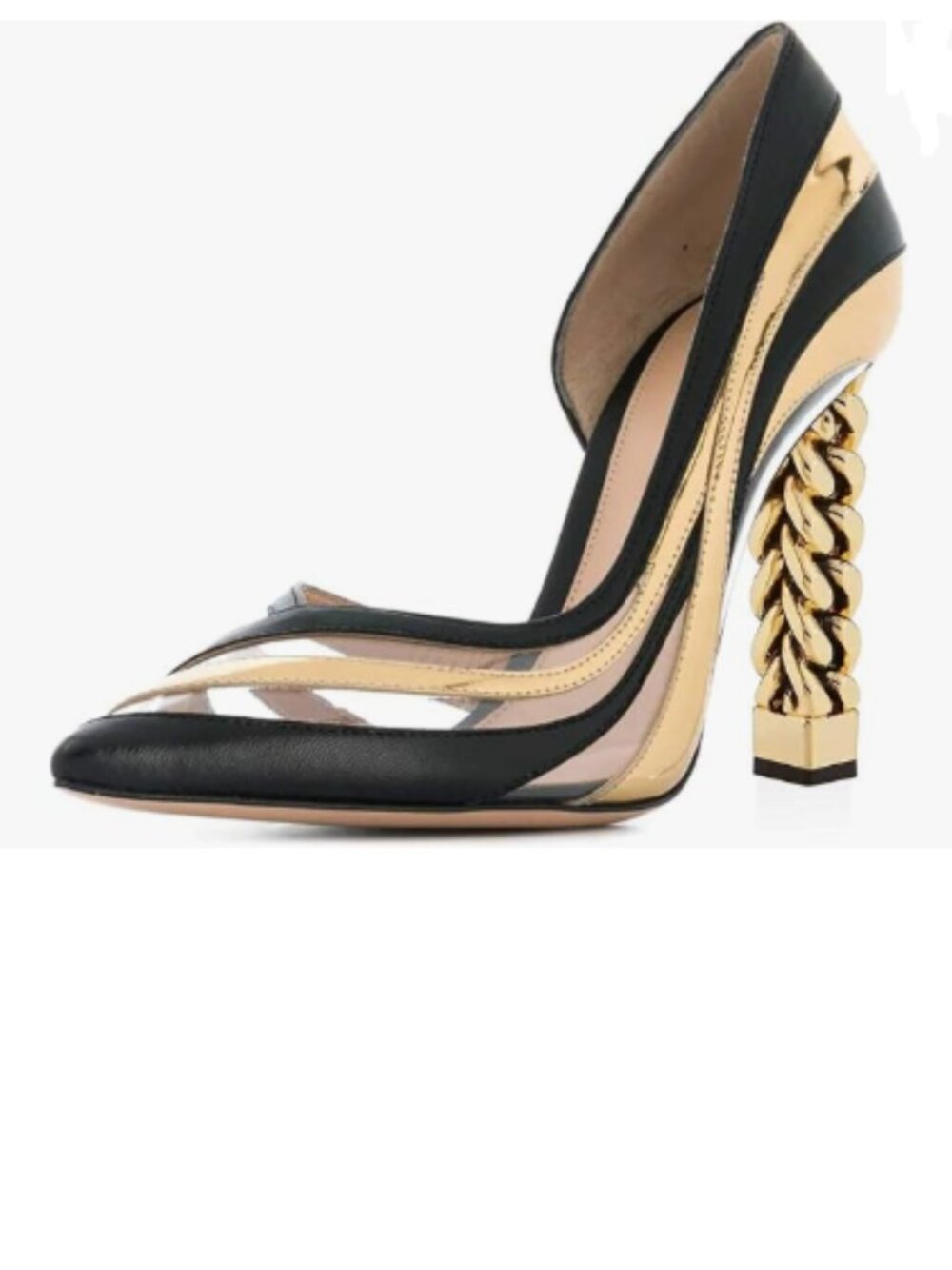 FSJ Gold Clear Gold Metal Chain Chunky High Heel Pointed Toe Slip On Pumps